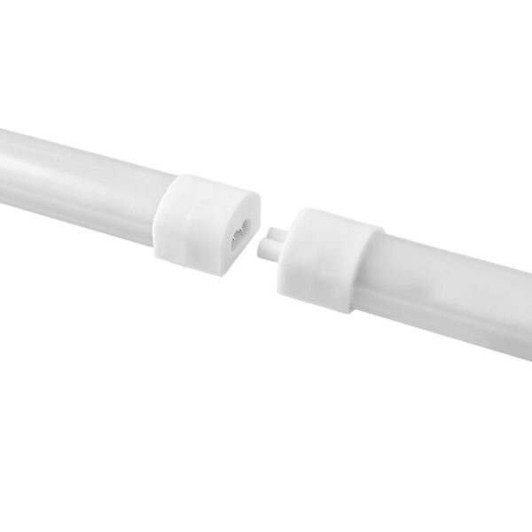 Two unconnected pieces of a white fluorescent light tube linked by a Light Fixture Extension Connector.