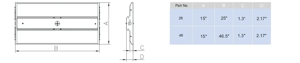 Technical drawing of a component with dimensions and a corresponding table of part numbers with size specifications.