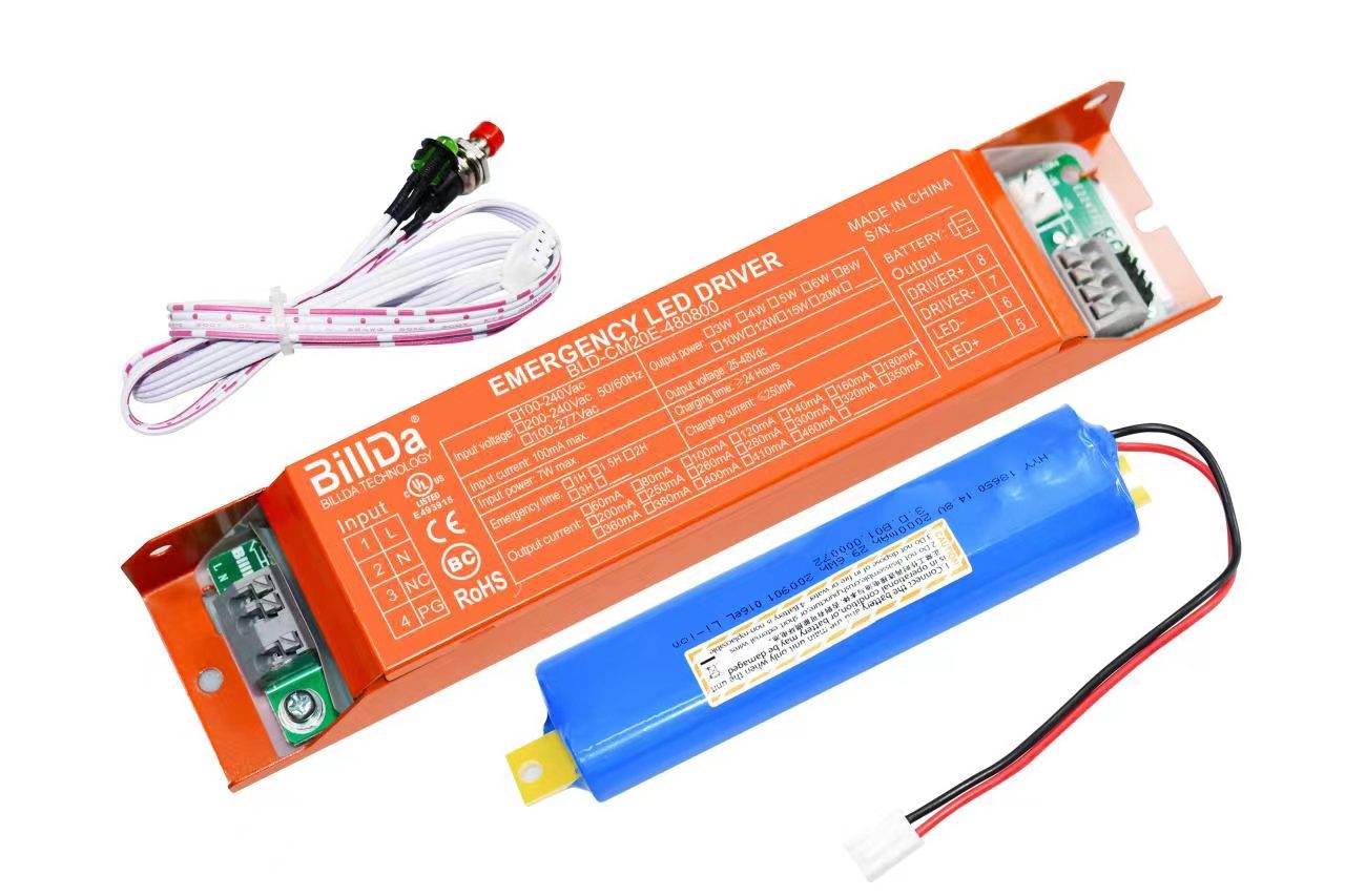 Emergency led driver modules with wiring and connectors on a white background.
