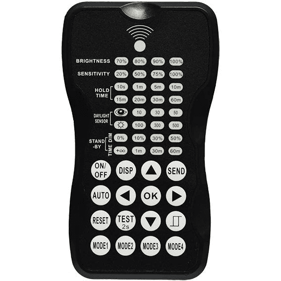 A black remote control with multiple white buttons for adjusting brightness, sensitivity, daylight time, and various operational modes.